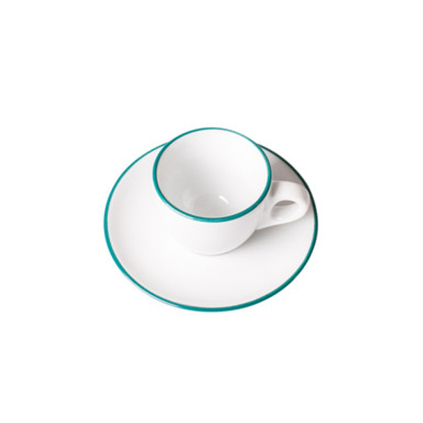 overhead view of ancap teal espresso cup and saucer in the painted-rim series