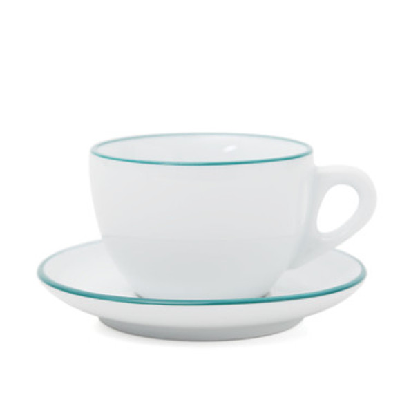 Ancap&#39;s white large cappuccino cup and saucer, with teal rim