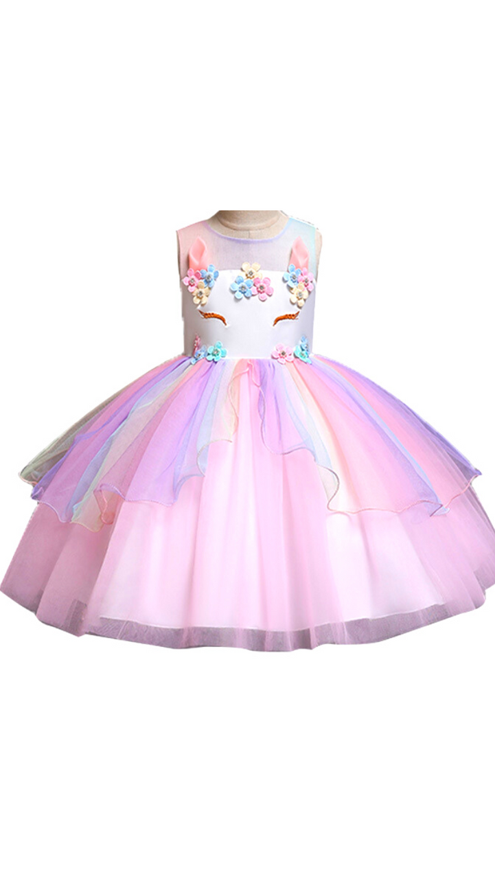 Flower Unicorn Pageant Princess Party Gown Dress - Pink