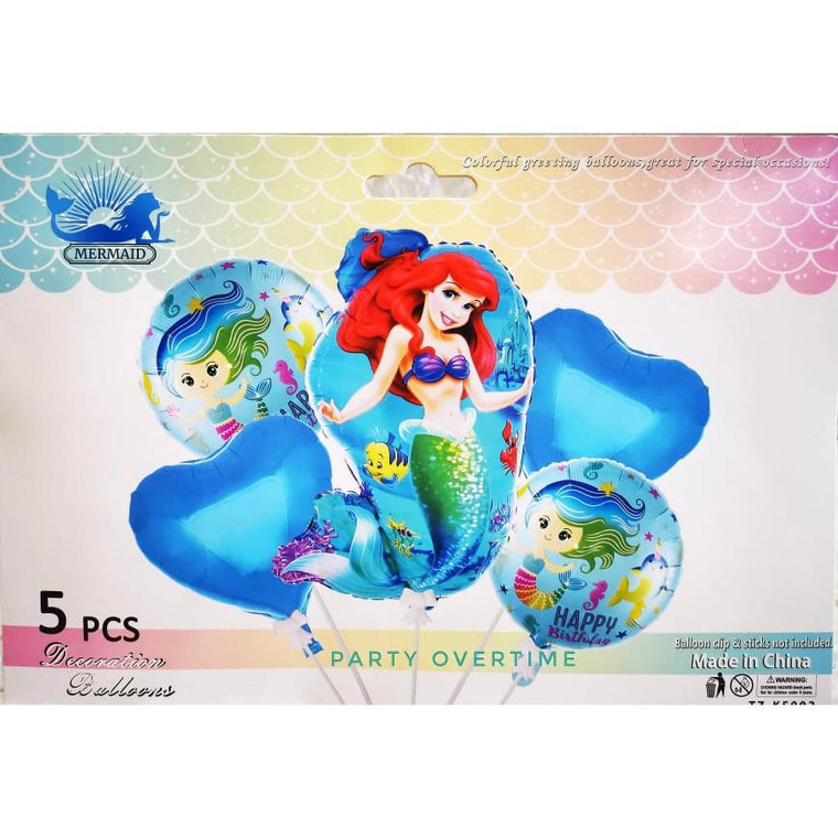 5 Pc Mermaid / Little Mermaid Ariel Design Foil Balloon Set Party Decorations 5 In 1