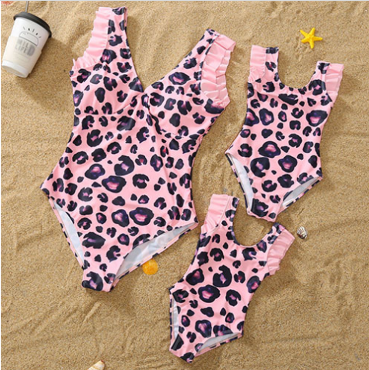 Parent-child Swimsuit Matching Mother-daughter Suit Solid Color V-neck One-piece