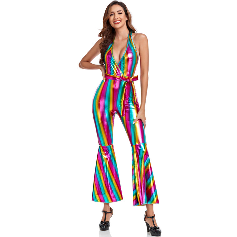 Women's Retro Disco Costume Stripes Vintage 70S Dancing Party Rock Hippie