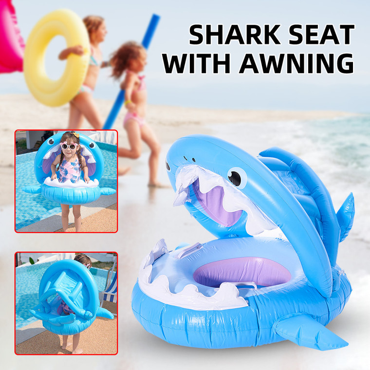 Inflatable Swimming Ring For Kids With Awning Shark Seat Ring Baby Float