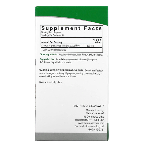 Nature’s Answer, Astragalus, 500 mg, 90 Vegetarian Capsules Ingredients Panel