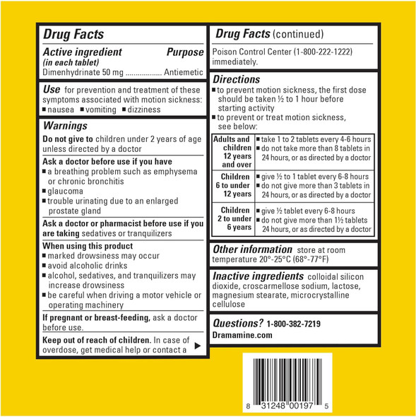 Dramamine Original Formula Motion Sickness Relief 36 Tabs Ingredients Panel