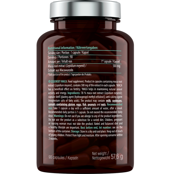 ESSENSEY MACA 90 caps 500 MG Ingredients Panel