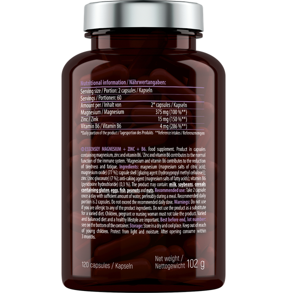 ESSENSEY MAGNESIUM ZINC B6 120 caps HIGH POTENCY Ingredients Panel
