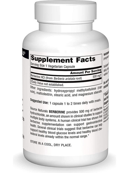 SOURCE NATURALS BERBERINE 500MG 60 Veggie Caps Ingredients Panel