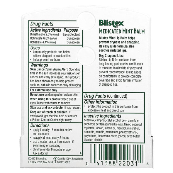Blistex Medicated Mint Balm .15 oz Ingredients Panel