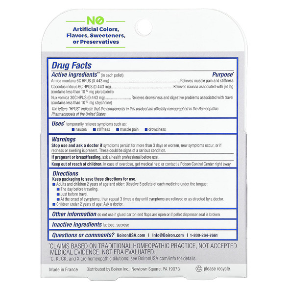 Boiron Jet Lag Relief 3 x 80 Pellets Ingredients Panel