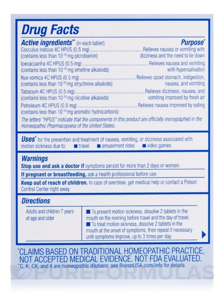 Boiron MOTIONCALM 60 TABLETS MOTION SICKNESS RELIEF Ingredients Panel