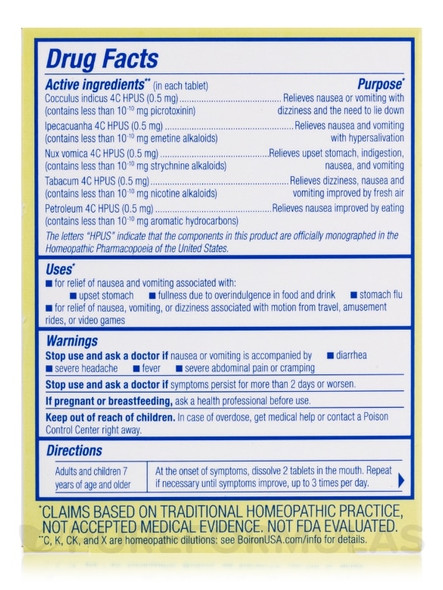 Boiron NauseaCalm 60 Tablets Ingredients Panel