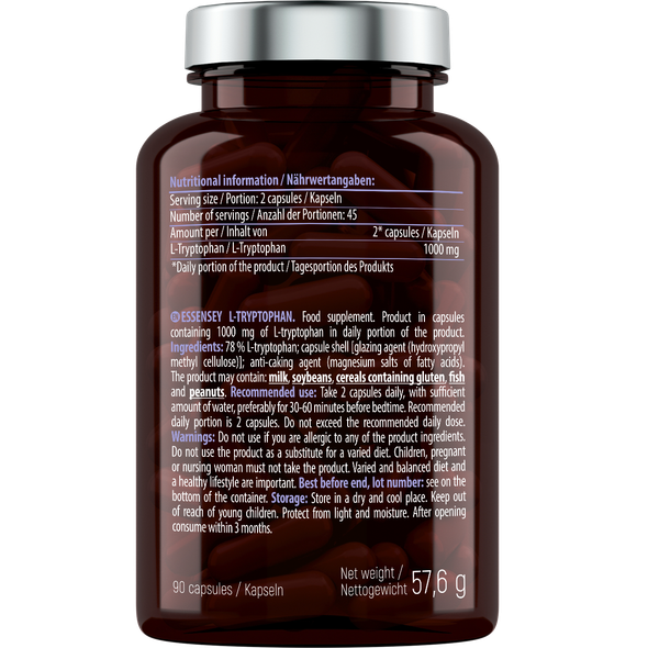 ESSENSEY L-Tryptophan Amino Acid 90 Caps Ingredients Panel