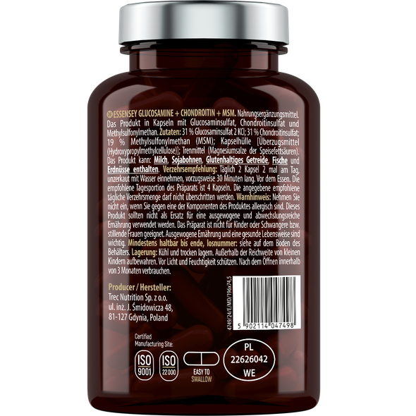 ESSENSEY Glucosamine + Chondroitin + MSM 120 Caps Ingredients Panel