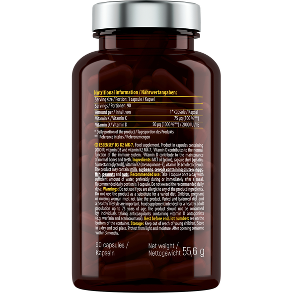 ESSENSEY Vitamin D3 + K2 MK-7 90 Caps Ingredients Panel