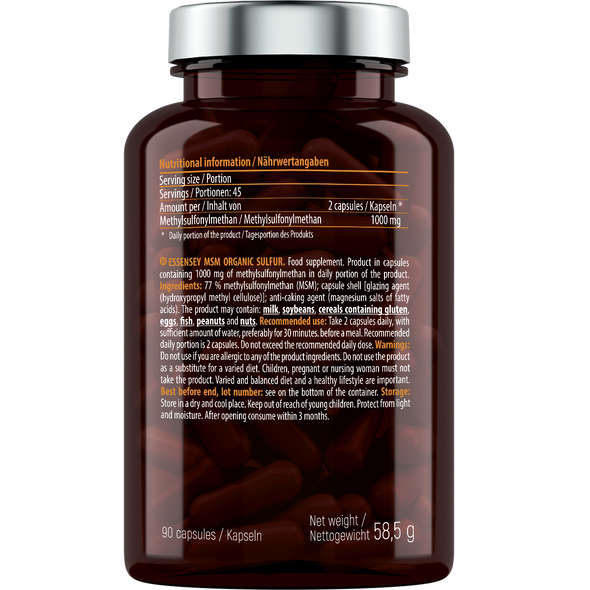 ESSENSEY MSM Organic Sulfur 90 Caps Ingredients Panel