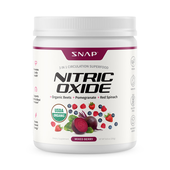 Snap Supplements Nitric Oxide Organic Beets 250g — main pack image with Apple, Original Berry and Cherry Lime variants