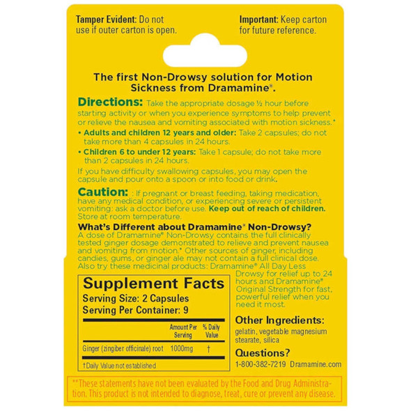 Dramamine Non-Drowsy Motion Sickness 18 Caps Natural Ginger Ingredients Panel