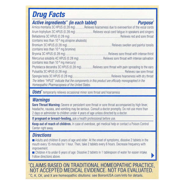 Boiron ThroatCalm – 60 Tablets Ingredients Panel