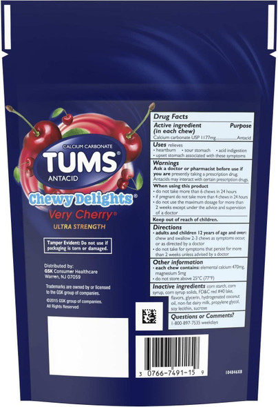 Tums Very Cherry 32 Soft Antacid Chews Ingredients Panel