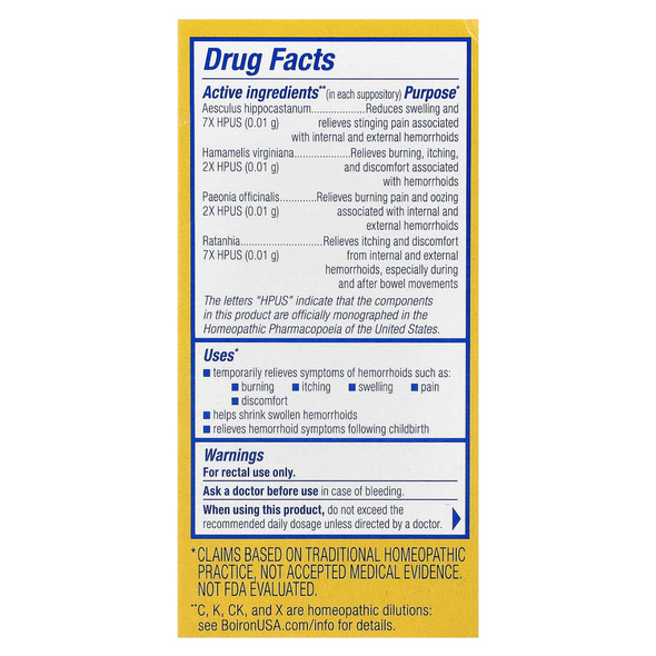 Boiron HemCalm Suppositories - 10 CT Ingredients Panel