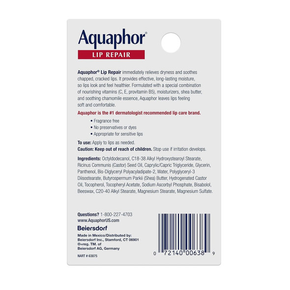 Aquaphor Lip Repair Tube Blister Card 0.35 oz Ingredients Panel