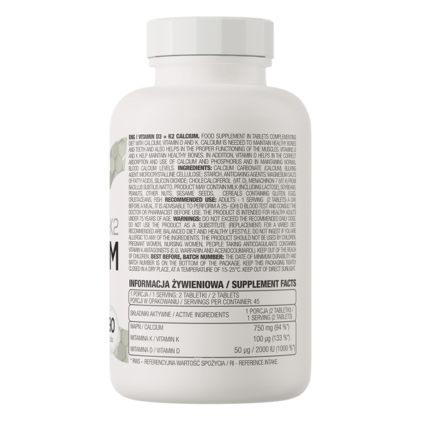 OstroVit Vitamin D3 + K2 + Calcium 90 tabs Ingredients Panel