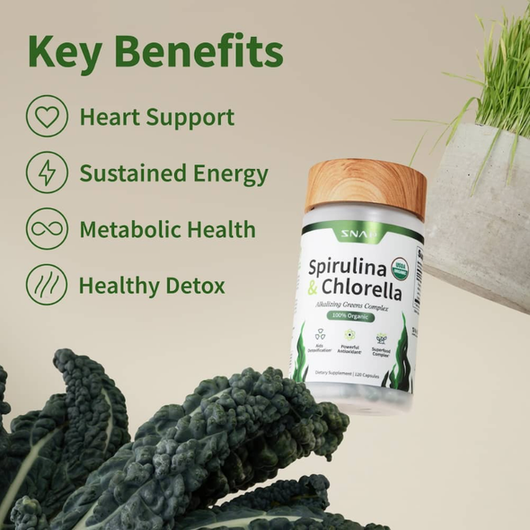 Snap Supplements Spirulina + Chlorella - Alkalizing Greens Complex 120 Caps