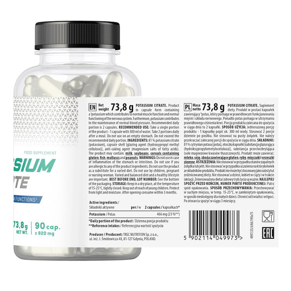 Trec Nutrition Potassium Citrate 90 Caps – label and directions