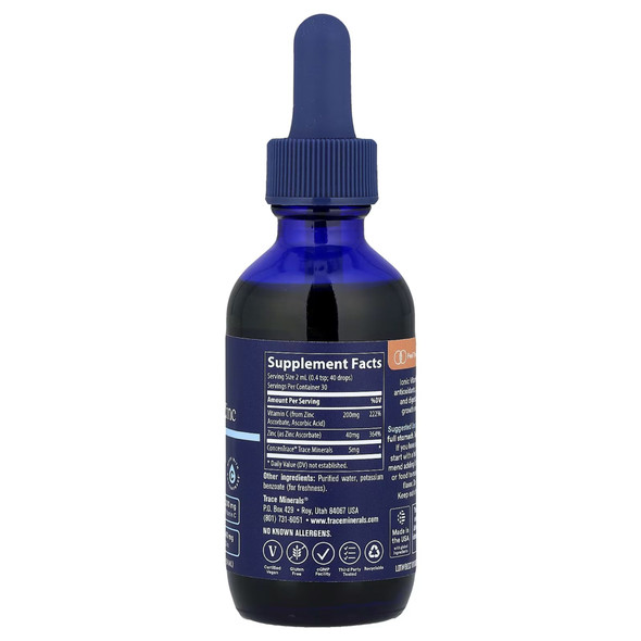 Trace Minerals Ionic Zinc +Vitamin C - 59ml Ingredients Panel