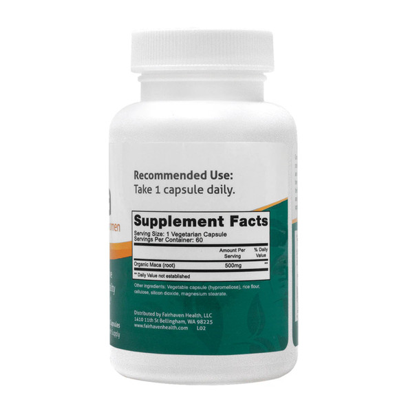 Fairhaven Health Organic Maca Fertility Supplement 60 Caps Ingredients Panel