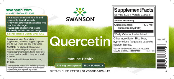 User
Swanson Premium Quercetin High Potency 60 Veggie Caps: Product Description

Maintains immune health and protects blood vessels
Provides protection against free radical damage
Supports cholesterol levels already within normal range

Fortify the antioxidant defenses for your cardiovascular system and your whole body with the free radical fighting power of Swanson Quercetin. An antioxidant flavonoid found in onions, apples, green tea and other plant sources, quercetin delivers valuable free-radical protection for blood vessels and other vital tissues throughout the body.Exciting research shows the potential of quercetin to aid in fat loss along with supporting healthy cells in the body. Research also shows that consuming quercetin in conjunction with healthy dietary fats can help increase the bioavailability of this powerful flavonoid and enhance its absorption. Try combining with our Coconut Oil softgels.Our high potency quercetin capsules are an excellent, economical way to incorporate this cell defender into your wellness plan.These statements have not been evaluated by the Food and Drug Administration. This product is not intended to diagnose, treat, cure, or prevent any disease Ingredients