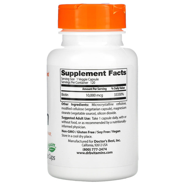Doctor's Best Best Biotin (10,000mcg) 120 vcaps Ingredients Panel