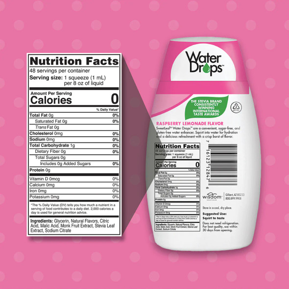 SweetLeaf Water Drops Raspberry Lemonade 48ml Ingredients Panel