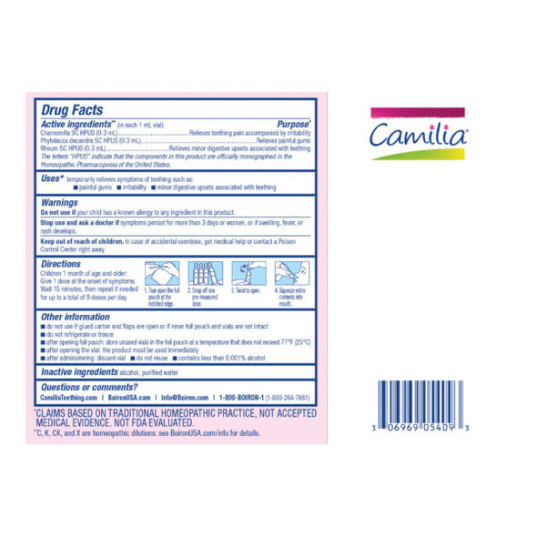 Boiron Camilia for Teething Relief 30 Doses Ingredients Panel
