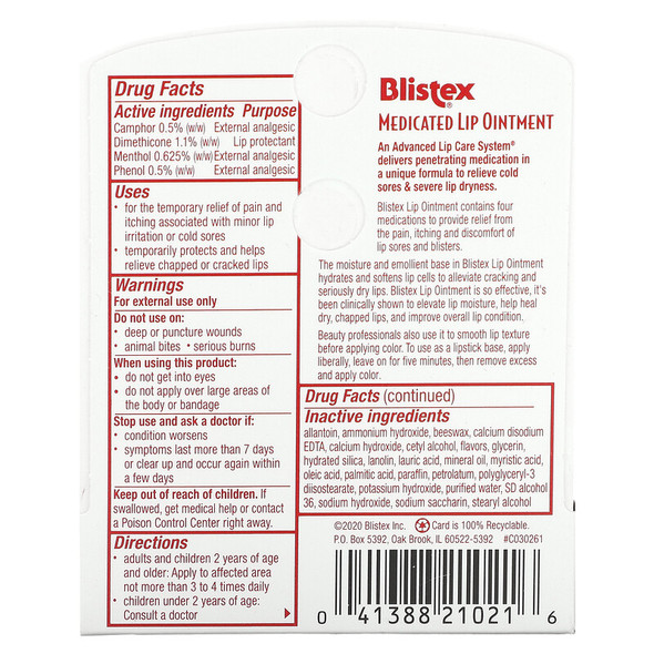 Blistex Lip ointments .21oz Ingredients Panel
