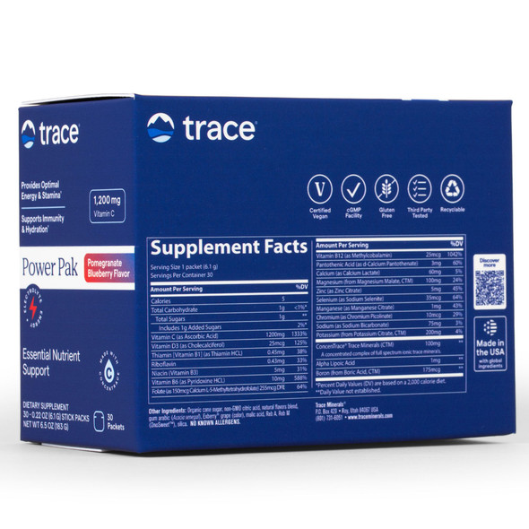 Trace Minerals Power Pak Non-GMO Pomegranate Blueberry BOX 30 packets Ingredients Panel
