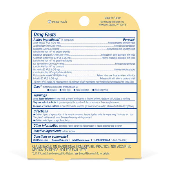 Boiron COLDCALM KIDS PELL Ingredients Panel