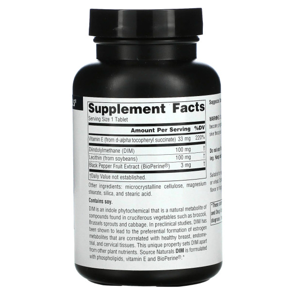 Source Naturals, DIM(Diindolylmethane) 100 mg, 120 Tablets Ingredients Panel