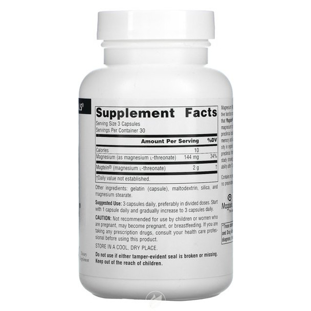 SOURCE NATURALS MAGTEINCAP 90 Caps Magnesium L-Threonate Ingredients Panel
