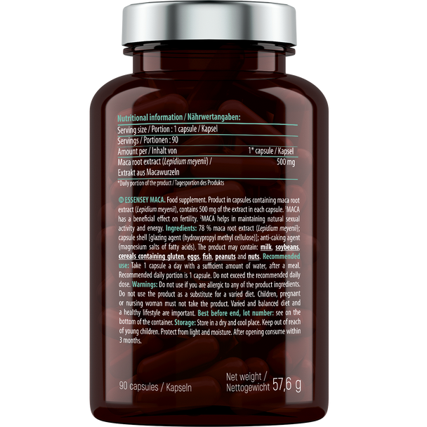 ESSENSEY MACA 90 caps 500 MG Ingredients Panel