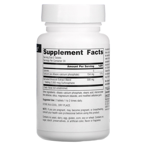 SOURCE NATURALS BROCCOLI SPROUTS EXT 250MG 60 Tabs Ingredients Panel