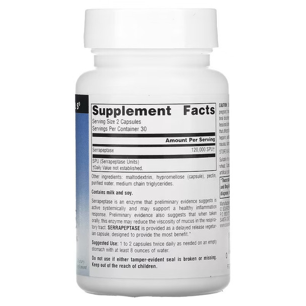 SOURCE NATURALS SERRAPEPTASE 60 Veggie Caps Ingredients Panel