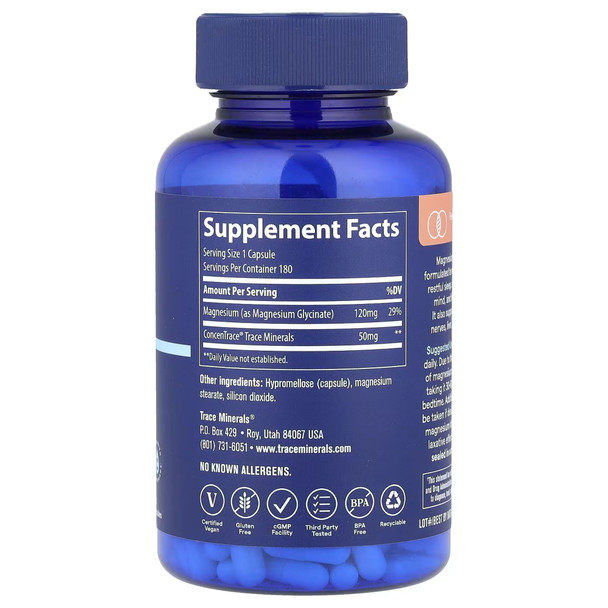 Trace Minerals Magnesium Glycinate 120mg - 180 Caps Ingredients Panel