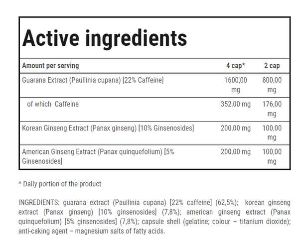 TREC ENDURANCE HERBAL ENERGY 90 Caps Ingredients Panel