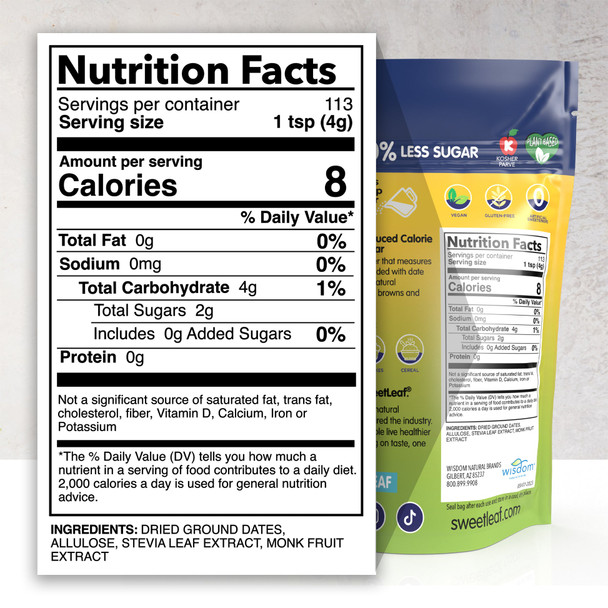 SweetLeaf 50% Reduced Calorie Date Sugar - 16oz bag Ingredients Panel