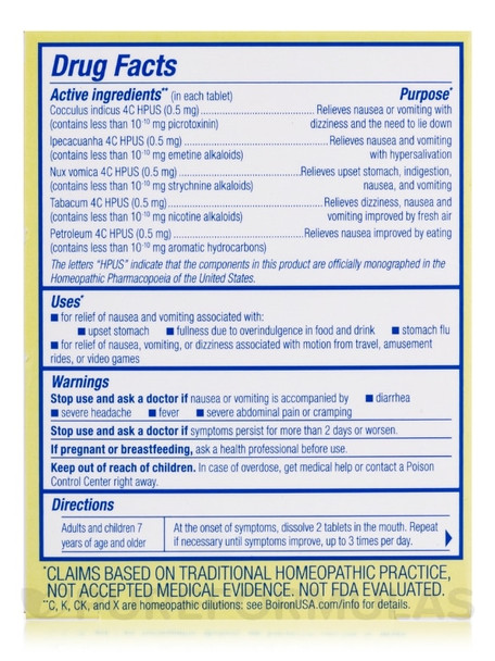 Boiron NauseaCalm 60 Tablets Ingredients Panel