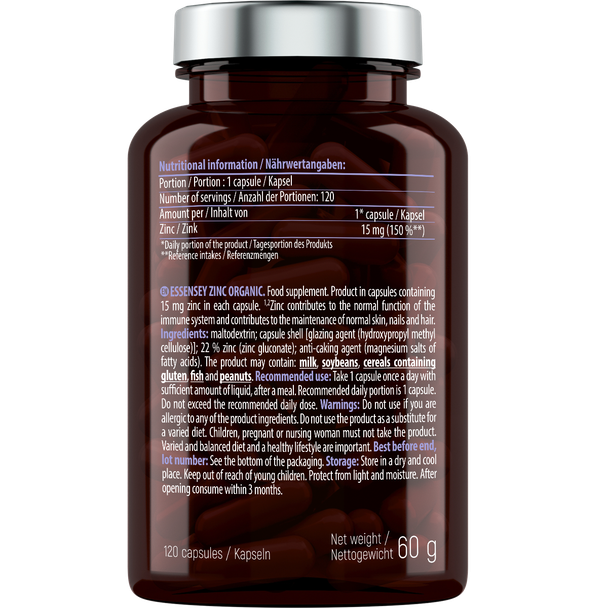 ESSENSEY Zinc Organic 120 Caps Ingredients Panel