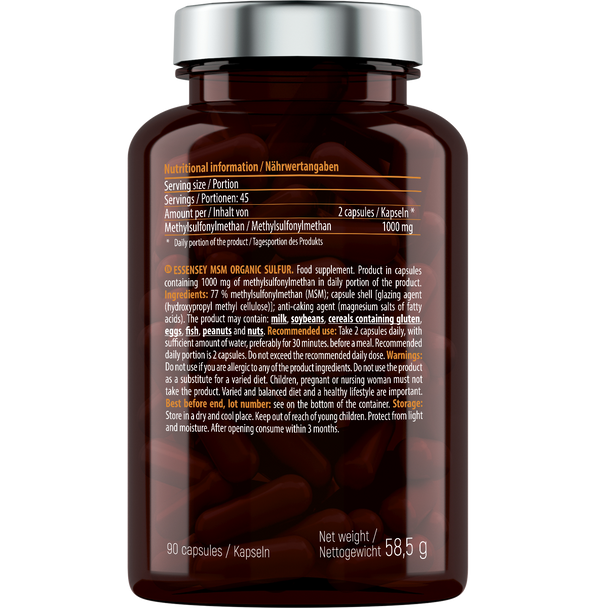 ESSENSEY MSM Organic Sulfur 90 Caps Ingredients Panel