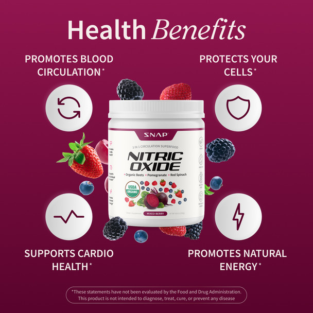 Snap Supplements Nitric Oxide Beets — key benefits: blood pressure support, heart health, circulation, energy and stamina